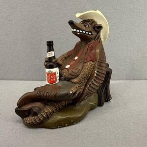 Vintage 70s Chalkware Armadillo Figurine Lone Star Beer Long Neck Cowboy Hat